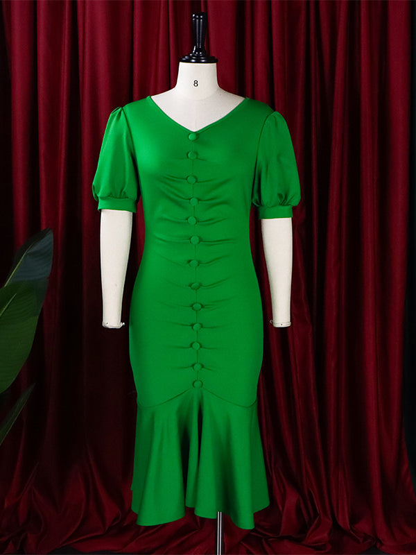 Bodycon Mermaid Pleated Solid Color Zipper V-Neck Midi Dresses