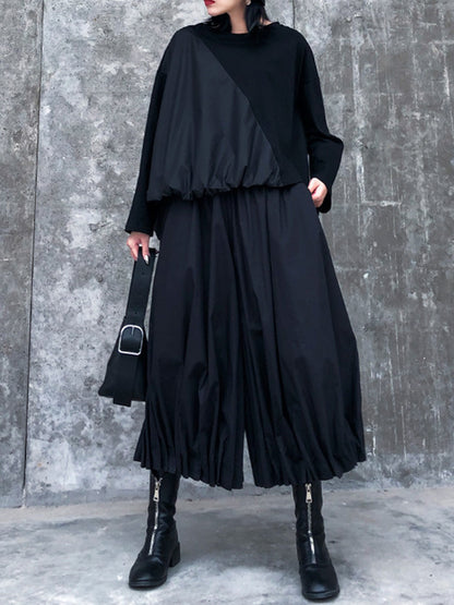 Solid Color Loose Long Sleeves Asymmetric Pleated Split-Joint Round-Neck Shirts Top +  Pants Bottom Two Pieces Set
