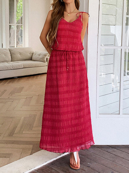 Loose Sleeveless Pleated Solid Color Spaghetti-Neck Vest Top + Drawstring Skirts Bottom Two Pieces Set
