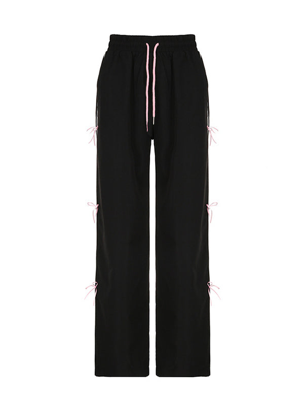 Loose Wide Leg Bowknot Drawstring Elasticity Split-Joint Pants Trousers