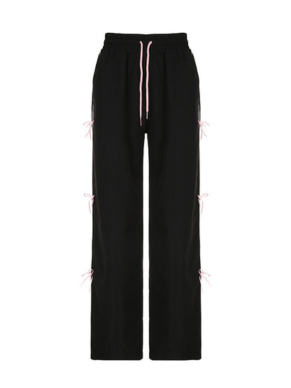 Loose Wide Leg Bowknot Drawstring Elasticity Split-Joint Pants Trousers