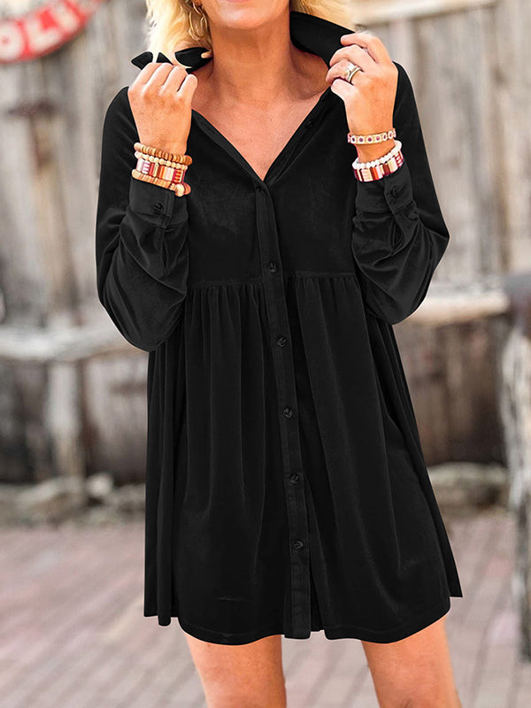 Long Sleeves Loose Pleated Split-Joint Velvet Lapel Mini Dresses Shirt Dress