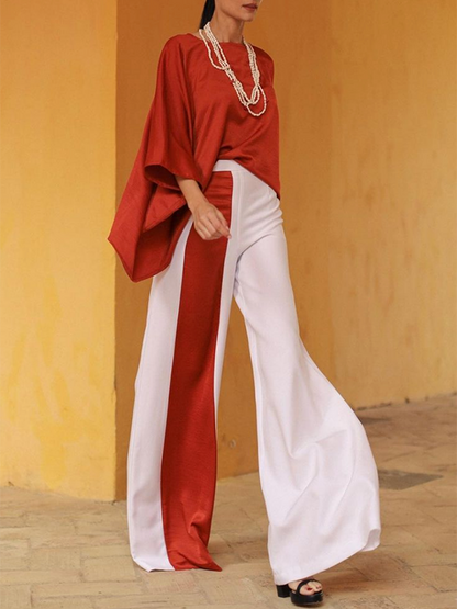 Batwing Sleeves Half Sleeves Solid Color Top + Contrast Color Wide Leg Pants Two Pieces Set