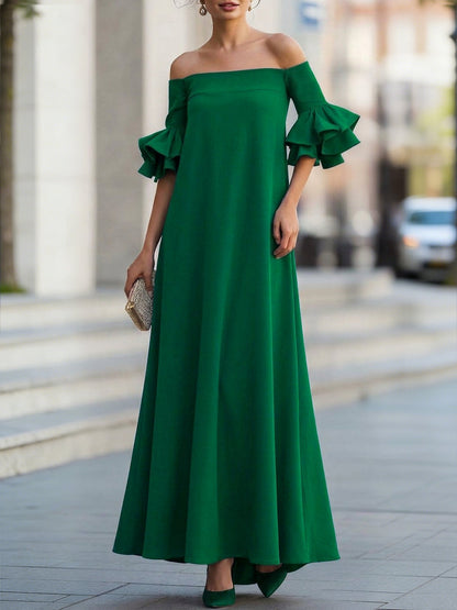 Half Sleeves Loose Solid Color Off-The-Shoulder Maxi Dresses
