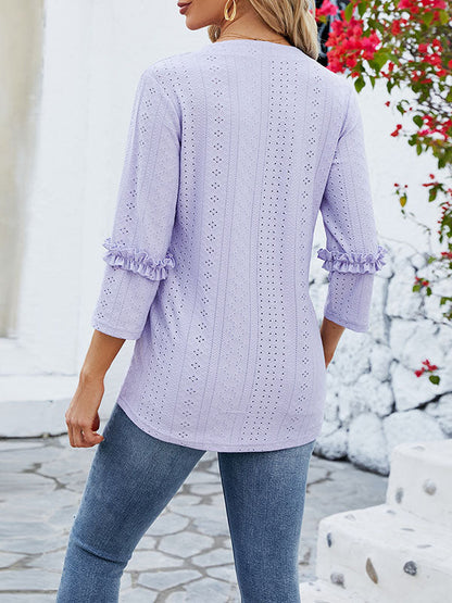 Loose Three-Quarter Sleeves Jacquard Solid Color V-Neck T-Shirts Tops