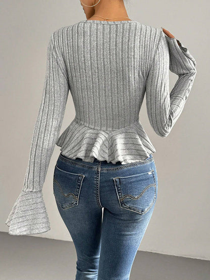 Flared Sleeves Long Sleeves Buttoned Ruffled Solid Color Split-Joint Deep V-Neck T-Shirts Tops