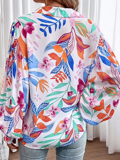 Batwing Sleeves Long Sleeves Elasticity Flower Print Leaves Print Pleated Lapel Blouses&Shirts Tops