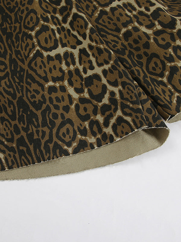 High Waisted Loose Elasticity Leopard Pockets Split-Joint Zipper Shorts Bottoms