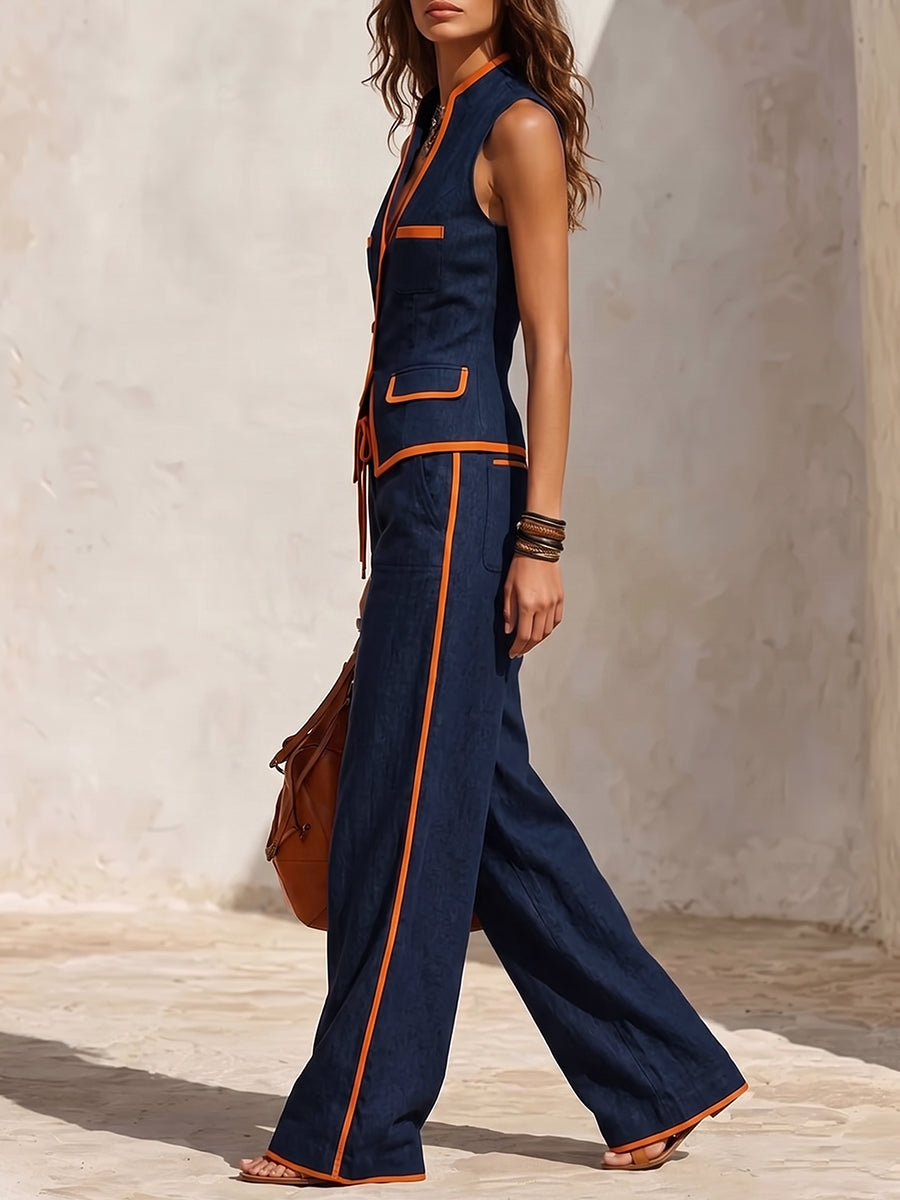 Split-Joint Pockets Contrast Color Buttoned Sleeveless V-neck Blouses&shirts Tops