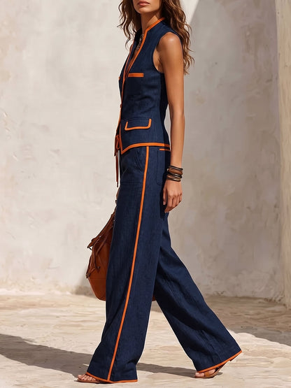 Split-Joint Pockets Contrast Color Buttoned Sleeveless V-neck Blouses&shirts Tops
