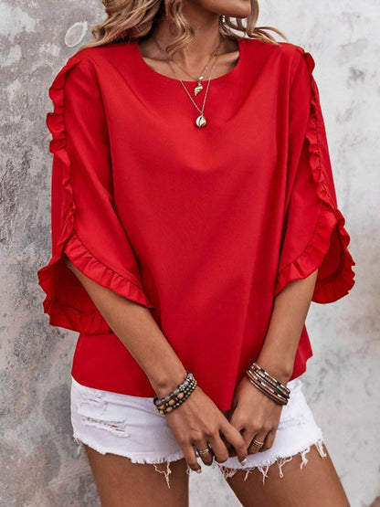Batwing Sleeves Long Sleeves Ruffled Solid Color Split-Joint Round-Neck Blouses&Shirts Tops