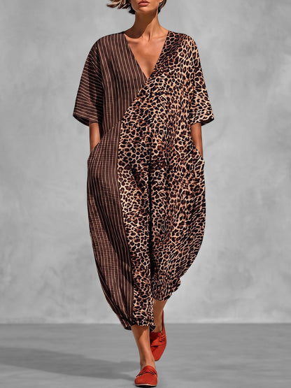 Striped Split-Joint Pockets Leopard Loose Half Sleeves V-neck Jumpsuits