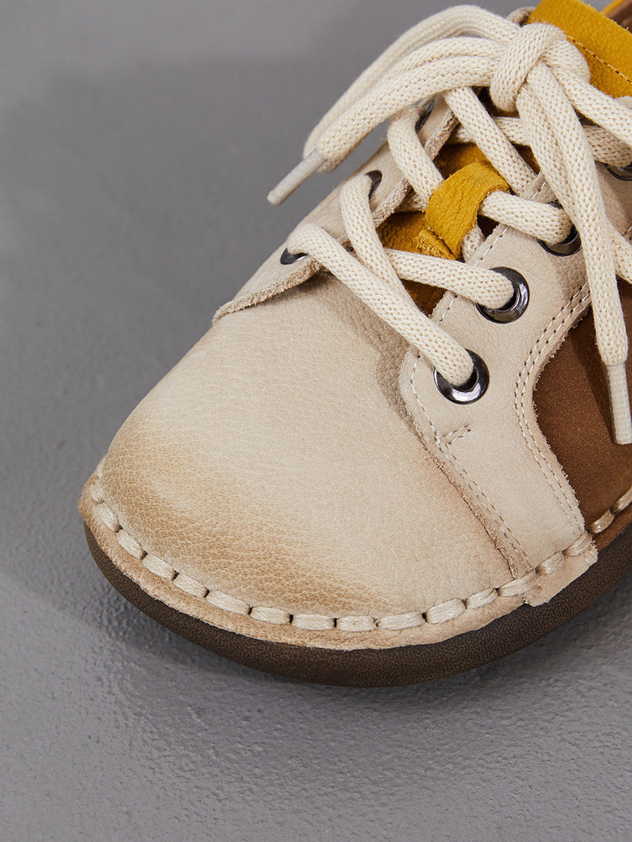 Women Spring Vintage Genuine Leather Spliced Flat Shoes