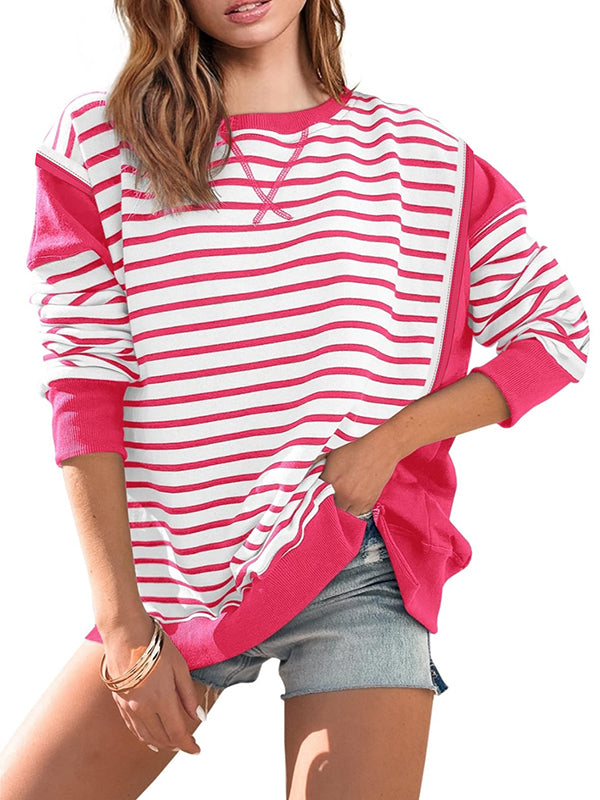 Long Sleeves Loose Split-Joint Striped Round-Neck T-Shirts