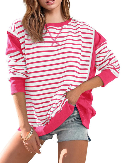 Long Sleeves Loose Split-Joint Striped Round-Neck T-Shirts