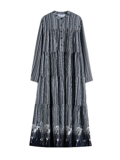 Vintage Loose Striped Buttoned Stand Collar Long Sleeves Midi Dress