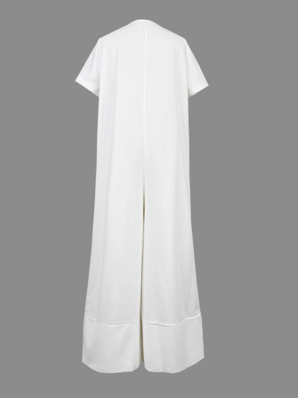 Loose Short Sleeves Buttoned Pockets Solid Color V-Neck Jumpsuits