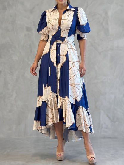 A-Line High Waisted Buttoned Contrast Color Pleated Pockets Split-Joint Lapel Maxi Dresses