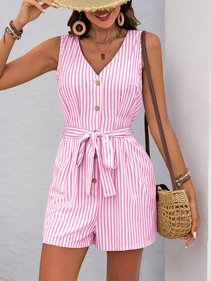 Elasticated Waist High Waisted Buttoned Pockets Striped Tied Waist V-Neck Rompers