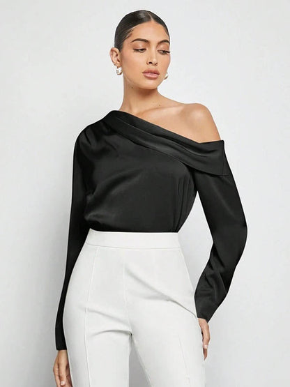 Long Sleeves Skinny Pleated Solid Color Split-Joint One-Shoulder Blouses&Shirts Tops