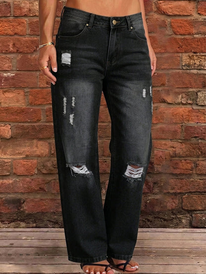 High Waisted Wide Leg Buttoned Hollow Pockets Split-Joint Jean Pants Bottoms