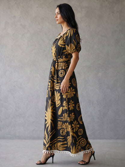 Loose Puff Sleeves Contrast Color Pleated Pockets Printed Split-Joint Tasseled Tied Square-Neck Maxi Dresses