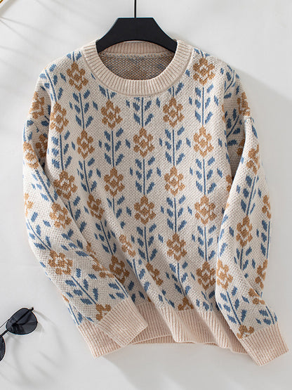 Long Sleeves Loose Knitted Flower Split-Joint Round-Neck Pullovers Sweater Tops