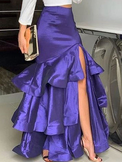 A-Line Loose Layered Solid Color Split-Side Skirts Bottoms
