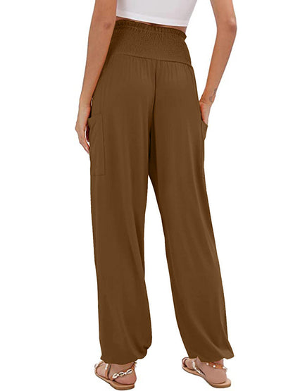 High Waisted Loose Elasticity Pleated Pockets Solid Color Split-Joint Pants Trousers