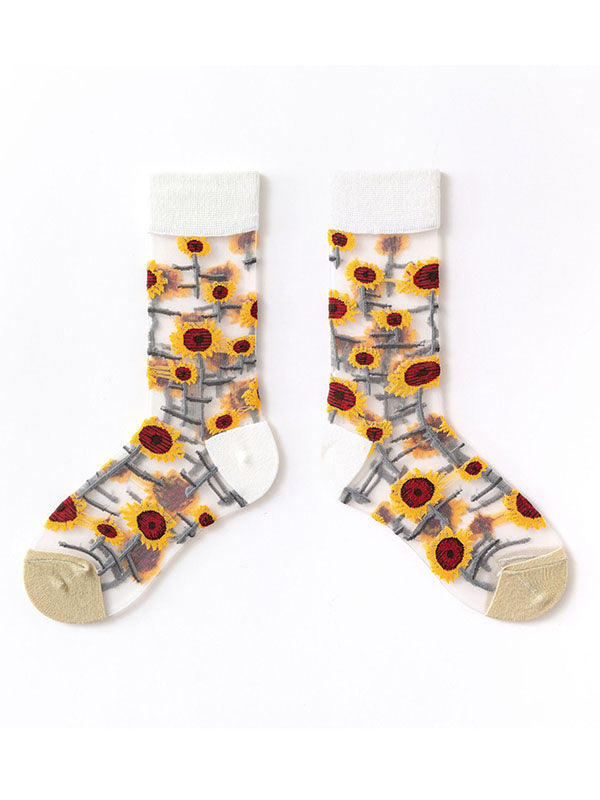 Breathable Flower Print See-Through Split-Joint Sweat-Absorbing Socks Accessories