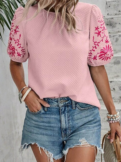 Loose Short Sleeves Bow-Embellished Contrast Color Split-Joint Round-Neck Blouses&Shirts Tops