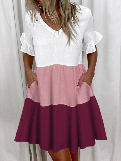 A-Line High Waisted Contrast Color Pleated Pockets Printed Split-Joint V-Neck Midi Dresses