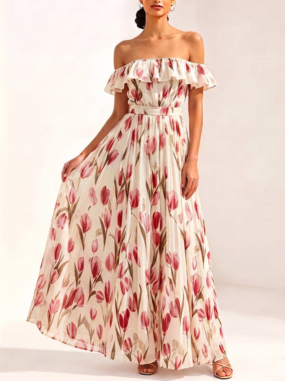 Tied Waist Ruffle Trim Flower Print Elasticity Contrast Color Short Sleeves Loose Off-the-shoulder Maxi Dresses