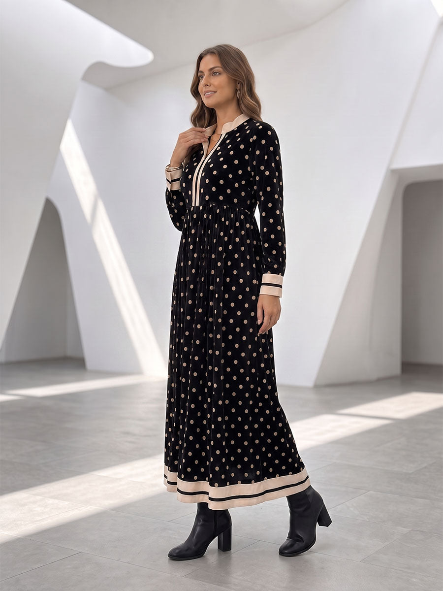 Zipper Split-Joint Polka-Dot Pockets Contrast Color Buttoned Loose Long Sleeves Round-neck Maxi Dresses