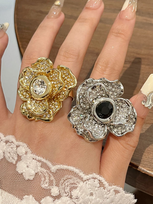 Flower Shape Geometric Rhine Stones Rings Accessories