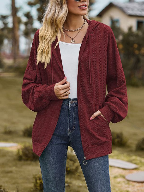 Long Sleeves Loose Drawstring Hooded Pockets Solid Color Zipper V-Neck Outerwear