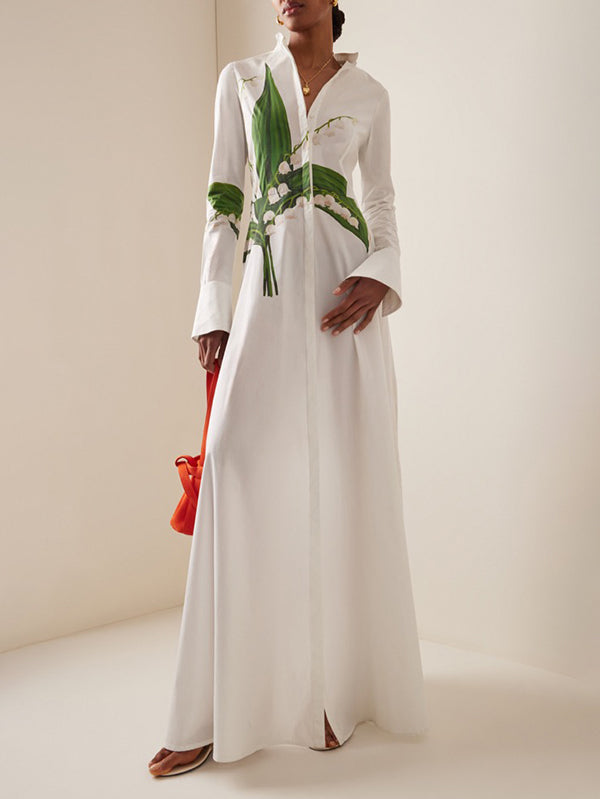 A-Line Long Sleeves Buttoned Flower Print Round-Neck Maxi Dresses