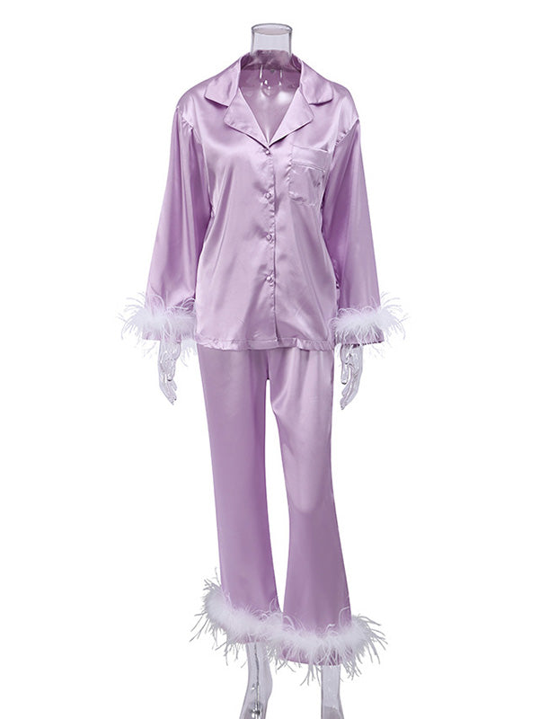 Long Sleeves Buttoned Feathers Split-Joint Notched Collar Shirts Top + Pants Bottom Pajama Sets