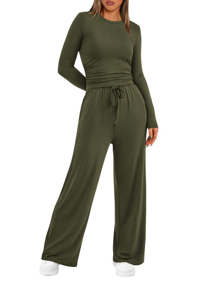 Solid Color Pleated Round-Neck T-Shirts Tops +  Elasticated Waist High Waisted Drawstring Pants Two Pieces Set