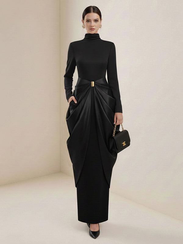 Long Sleeves Buckle Draped High-Neck Evening Dresses Maxi Dresses