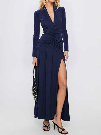 A-Line Bodycon Pleated Solid Color Split-Joint Split-Side Deep V-Neck Maxi Dresses