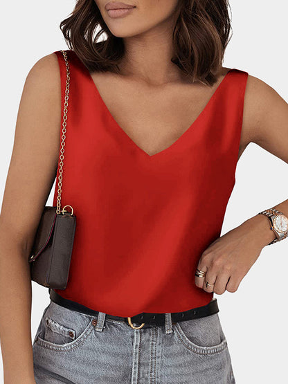 Loose Sleeveless Solid Color V-Neck Vest Top