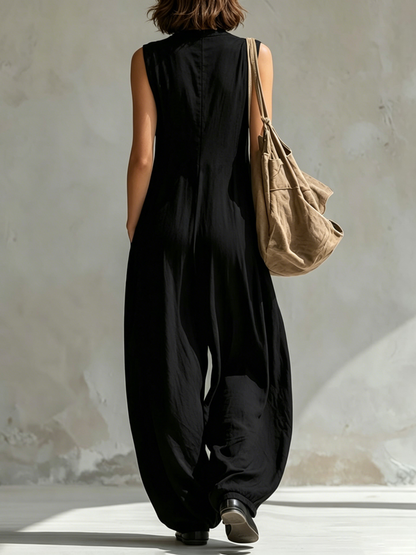 Sleeveless Wide Leg Buttoned Pockets Solid Color V-Neck Jumpsuits