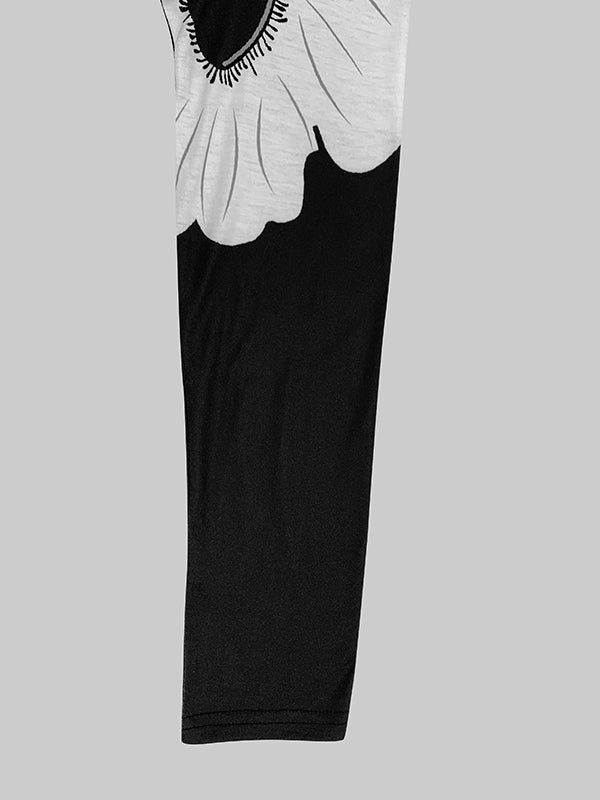 Long Sleeves Loose Asymmetric Floral Printed Split-Joint High Neck T-Shirts