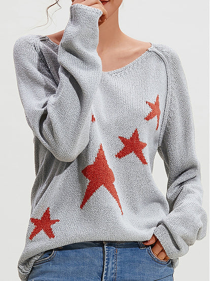Long Sleeves Loose Split-Joint V-Neck Pullovers Sweater Tops