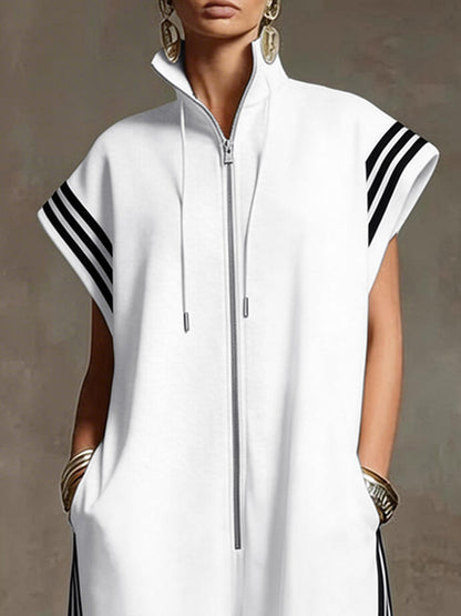 White Plus Size Contrast Color Pockets Split-Joint Striped Zipper Stand Collar Jumpsuits