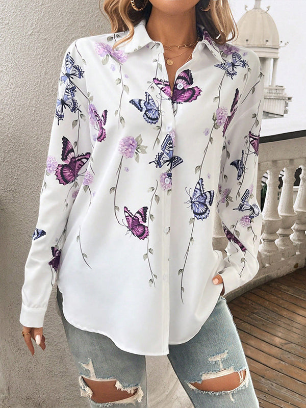 Long Sleeves Loose Butterfly Print Buttoned Lapel Blouses&Shirts Tops