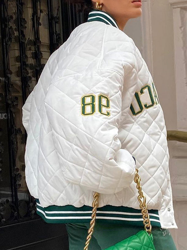 Long Sleeves Loose Contrast Color Embroidered Split-Joint Stand Collar Padded Coat