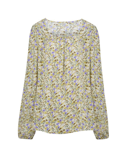Bishop Sleeve Long Sleeves Flower Print Square-Neck Blouses&Shirts Tops