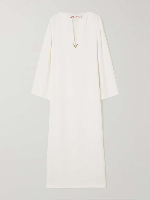 Long Sleeves Wrap Solid Color Split-Side V-Neck Maxi Dresses